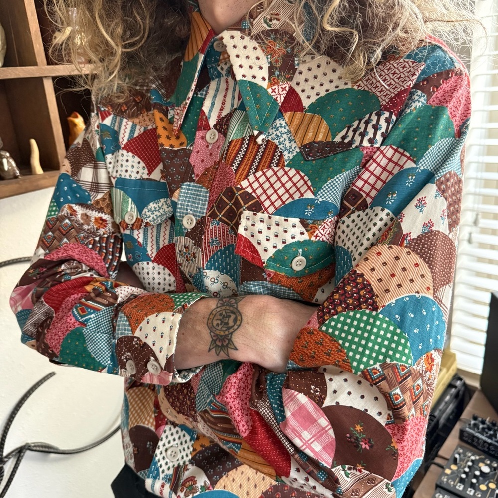 Vintage 70s Patchwork Dagger Collar Button Down W… - image 3